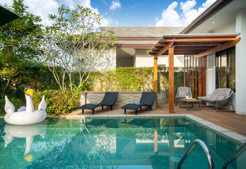 Swimming pool in tropical garden pool villa feature floating balloon